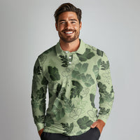 Vesuvian Green Aloha Hawaii Hibiscus Orchid Seamless Long Sleeve Polo Shirt