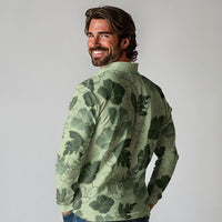 Vesuvian Green Aloha Hawaii Hibiscus Orchid Seamless Long Sleeve Polo Shirt