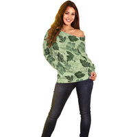 Vesuvian Green Aloha Hawaii Hibiscus Orchid Seamless Off Shoulder Sweater