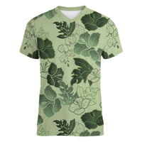 Vesuvian Green Aloha Hawaii Hibiscus Orchid Seamless Women V-Neck T-Shirt