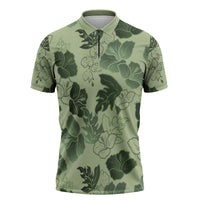 Vesuvian Green Aloha Hawaii Hibiscus Orchid Seamless Zipper Polo Shirt