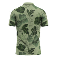 Vesuvian Green Aloha Hawaii Hibiscus Orchid Seamless Zipper Polo Shirt