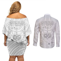 Samoa White Sunday Couples Matching Off Shoulder Short Dress and Long Sleeve Button Shirts Manuia le Aso Sa o Tamaiti Polynesian Plumeria LT14 - Polynesian Pride