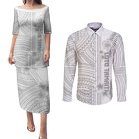 Samoa White Sunday Couples Matching Puletasi Dress and Long Sleeve Button Shirts Manuia le Aso Sa o Tamaiti Polynesian Plumeria LT14 White - Polynesian Pride