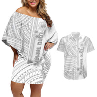 Personalised Samoa White Sunday Couples Matching Off Shoulder Short Dress and Hawaiian Shirt Manuia le Aso Sa o Tamaiti Polynesian Plumeria LT14 White - Polynesian Pride
