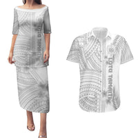Personalised Samoa White Sunday Couples Matching Puletasi Dress and Hawaiian Shirt Manuia le Aso Sa o Tamaiti Polynesian Plumeria LT14 White - Polynesian Pride