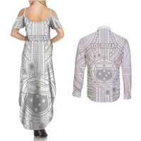 Personalised Samoa White Sunday Couples Matching Summer Maxi Dress and Long Sleeve Button Shirts Manuia le Aso Sa o Tamaiti Polynesian Plumeria LT14 - Polynesian Pride