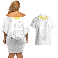 Samoa White Sunday Couples Matching Off Shoulder Short Dress and Hawaiian Shirt Lotu Tamaiti 2023 With Coat Of Arms LT14 - Polynesian Pride