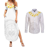 Samoa White Sunday Couples Matching Summer Maxi Dress and Long Sleeve Button Shirts Lotu Tamaiti 2023 With Coat Of Arms LT14 White - Polynesian Pride
