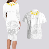 Personalised Samoa White Sunday Couples Matching Long Sleeve Bodycon Dress and Hawaiian Shirt Lotu Tamaiti 2023 With Coat Of Arms LT14 - Polynesian Pride