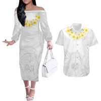 Personalised Samoa White Sunday Couples Matching Off The Shoulder Long Sleeve Dress and Hawaiian Shirt Lotu Tamaiti 2023 With Coat Of Arms LT14 White - Polynesian Pride