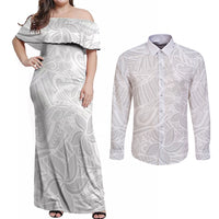 Polynesia White Sunday Couples Matching Off Shoulder Maxi Dress and Long Sleeve Button Shirts Polynesian Pattern With Tropical Flowers LT14 White - Polynesian Pride