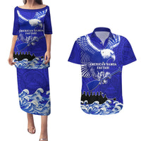 Personalised American Samoa Fautasi Race Couples Matching Puletasi Dress and Hawaiian Shirt Eagle With Polynesian Pattern LT14 Blue - Polynesian Pride