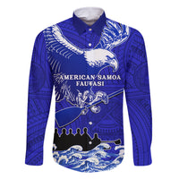 Personalised American Samoa Fautasi Race Family Matching Off Shoulder Long Sleeve Dress and Hawaiian Shirt Eagle With Polynesian Pattern LT14 Dad's Shirt - Long Sleeve Blue - Polynesian Pride