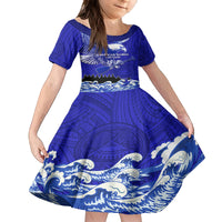 Personalised American Samoa Fautasi Race Family Matching Off Shoulder Short Dress and Hawaiian Shirt Eagle With Polynesian Pattern LT14 Daughter's Dress Blue - Polynesian Pride