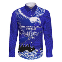 Personalised American Samoa Fautasi Race Family Matching Puletasi Dress and Hawaiian Shirt Eagle With Polynesian Pattern LT14 Dad's Shirt - Long Sleeve Blue - Polynesian Pride