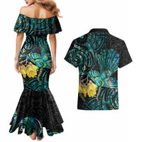 New Zealand Fantail Bird Couples Matching Mermaid Dress and Hawaiian Shirt Maori Piwakawaka Kowhai - Paua Shell Pattern LT14 - Polynesian Pride