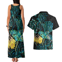 New Zealand Fantail Bird Couples Matching Tank Maxi Dress and Hawaiian Shirt Maori Piwakawaka Kowhai - Paua Shell Pattern LT14 - Polynesian Pride