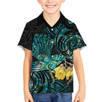 New Zealand Fantail Bird Family Matching Long Sleeve Bodycon Dress and Hawaiian Shirt Maori Piwakawaka Kowhai - Paua Shell Pattern LT14 Son's Shirt Green - Polynesian Pride