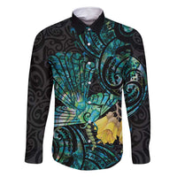 New Zealand Fantail Bird Family Matching Mermaid Dress and Hawaiian Shirt Maori Piwakawaka Kowhai - Paua Shell Pattern LT14 Dad's Shirt - Long Sleeve Green - Polynesian Pride