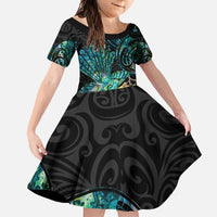 New Zealand Fantail Bird Family Matching Off Shoulder Maxi Dress and Hawaiian Shirt Maori Piwakawaka Kowhai - Paua Shell Pattern