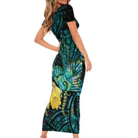 New Zealand Fantail Bird Family Matching Short Sleeve Bodycon Dress and Hawaiian Shirt Maori Piwakawaka Kowhai - Paua Shell Pattern LT14 - Polynesian Pride