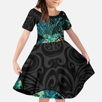 New Zealand Fantail Bird Kid Short Sleeve Dress Maori Piwakawaka Kowhai - Paua Shell Pattern LT14 KID Green - Polynesian Pride
