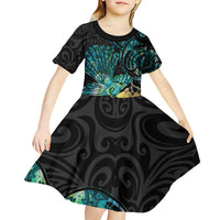 New Zealand Fantail Bird Kid Short Sleeve Dress Maori Piwakawaka Kowhai - Paua Shell Pattern LT14 - Polynesian Pride