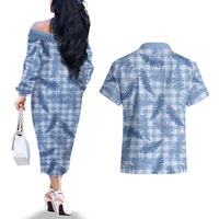 Blue Palaka Hawaii Palapalai Couples Matching Off The Shoulder Long Sleeve Dress and Hawaiian Shirt Hawaiian Fern LT14 - Polynesian Pride