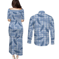 Blue Palaka Hawaii Palapalai Couples Matching Puletasi and Long Sleeve Button Shirt Hawaiian Fern - Polynesian Pride