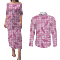 Purple Palaka Hawaii Palapalai Couples Matching Puletasi and Long Sleeve Button Shirt Hawaiian Fern - Polynesian Pride