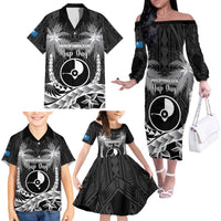 FSM Yap Day Family Matching Off The Shoulder Long Sleeve Dress and Hawaiian Shirt 2025 Wa'ab Micronesia Black Color
