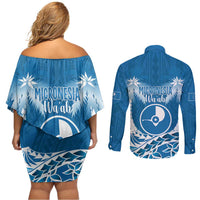 FSM Yap Day Couples Matching Off Shoulder Short Dress and Long Sleeve Button Shirt 2025 Wa'ab Micronesia Flag Color