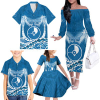 FSM Yap Day Family Matching Off The Shoulder Long Sleeve Dress and Hawaiian Shirt 2025 Wa'ab Micronesia Flag Color