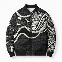 Aloha Hawaii Kalo Pikake Lei Bomber Puffer Jacket Chest Tattoo Black Hawaiian Pattern