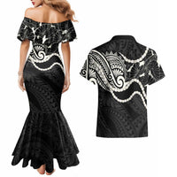 Aloha Hawaii Kalo Pikake Lei Couples Matching Mermaid Dress and Hawaiian Shirt Chest Tattoo Black Hawaiian Pattern LT14 - Polynesian Pride