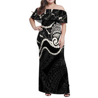 Aloha Hawaii Kalo Pikake Lei Family Matching Off Shoulder Maxi Dress and Hawaiian Shirt Chest Tattoo Black Hawaiian Pattern LT14 Mom's Dress Black - Polynesian Pride