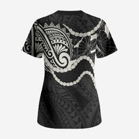Aloha Hawaii Kalo Pikake Lei Scrub Top Chest Tattoo Black Hawaiian Pattern