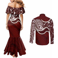 Aloha Hawaii Kalo Pikake Lei Couples Matching Mermaid Dress and Long Sleeve Button Shirt Chest Tattoo Oxblood Hawaiian Pattern LT14 - Polynesian Pride