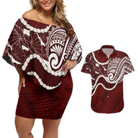 Aloha Hawaii Kalo Pikake Lei Couples Matching Off Shoulder Short Dress and Hawaiian Shirt Chest Tattoo Oxblood Hawaiian Pattern LT14 Oxblood - Polynesian Pride