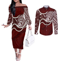 Aloha Hawaii Kalo Pikake Lei Couples Matching Off The Shoulder Long Sleeve Dress and Long Sleeve Button Shirt Chest Tattoo Oxblood Hawaiian Pattern LT14 Oxblood - Polynesian Pride