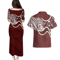 Aloha Hawaii Kalo Pikake Lei Couples Matching Puletasi and Hawaiian Shirt Chest Tattoo Oxblood Hawaiian Pattern LT14 - Polynesian Pride