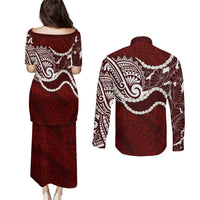 Aloha Hawaii Kalo Pikake Lei Couples Matching Puletasi and Long Sleeve Button Shirt Chest Tattoo Oxblood Hawaiian Pattern