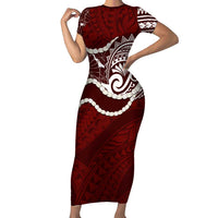 Aloha Hawaii Kalo Pikake Lei Short Sleeve Bodycon Dress Chest Tattoo Oxblood Hawaiian Pattern