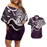 Aloha Hawaii Kalo Pikake Lei Couples Matching Off Shoulder Short Dress and Hawaiian Shirt Chest Tattoo Purple Hawaiian Pattern LT14 Purple - Polynesian Pride