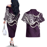 Aloha Hawaii Kalo Pikake Lei Couples Matching Off The Shoulder Long Sleeve Dress and Hawaiian Shirt Chest Tattoo Purple Hawaiian Pattern LT14 - Polynesian Pride