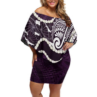 Aloha Hawaii Kalo Pikake Lei Off Shoulder Short Dress Chest Tattoo Purple Hawaiian Pattern