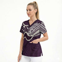 Aloha Hawaii Kalo Pikake Lei Scrub Top Chest Tattoo Purple Hawaiian Pattern