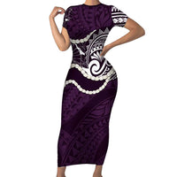 Aloha Hawaii Kalo Pikake Lei Short Sleeve Bodycon Dress Chest Tattoo Purple Hawaiian Pattern