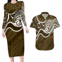 Aloha Hawaii Kalo Pikake Lei Couples Matching Long Sleeve Bodycon Dress and Hawaiian Shirt Chest Tattoo Gold Hawaiian Pattern LT14 Gold - Polynesian Pride